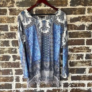 Mushka by Sienna Rose Blue Paisley Long Sleeve Fringe Top Size Medium
